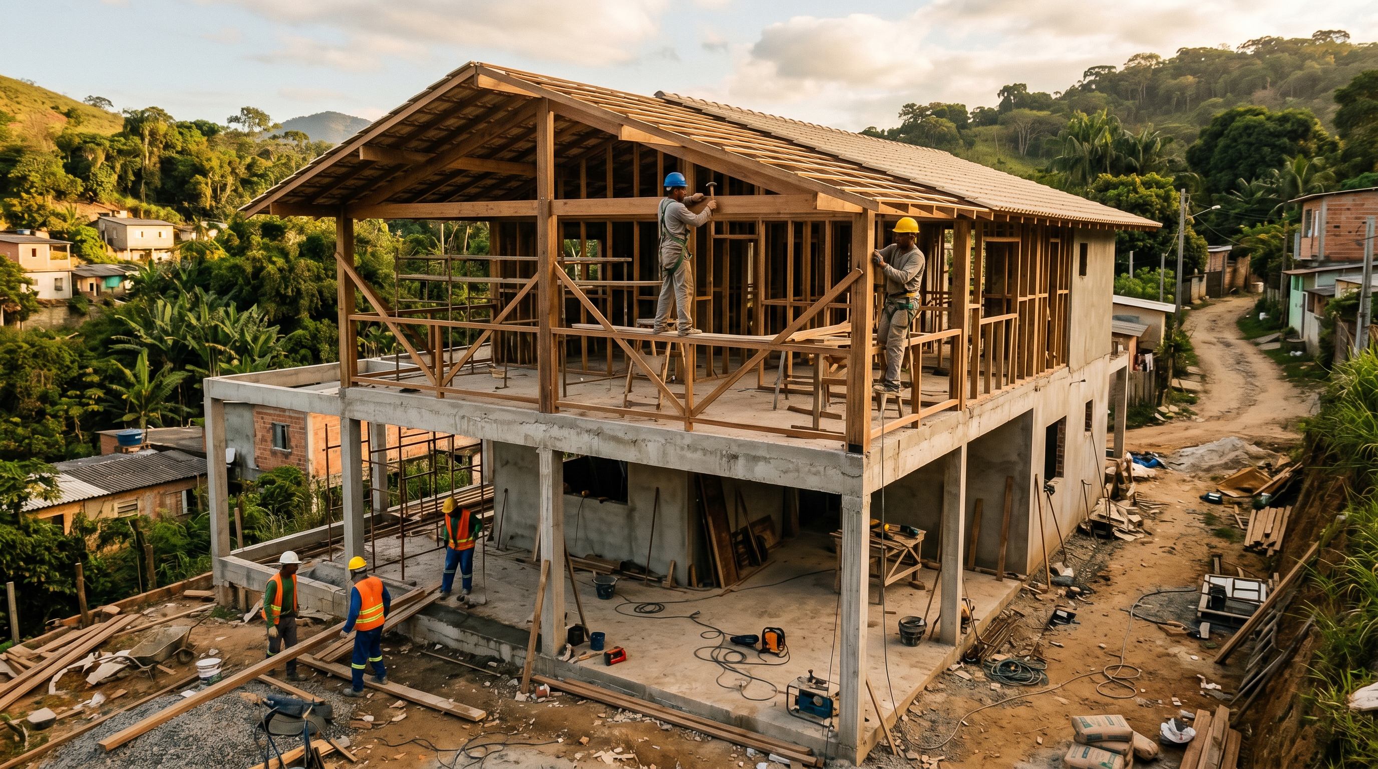 Obra residencial em andamento com estrutura de concreto e madeira no interior do Brasil