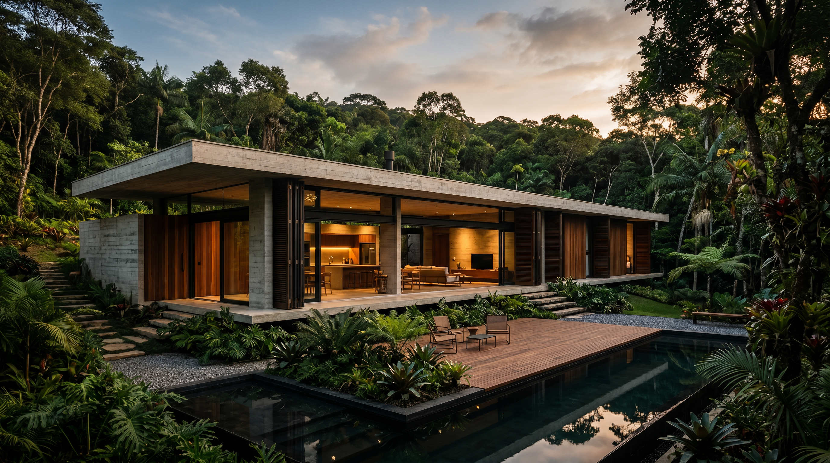Casa residencial contemporânea brasileira ao entardecer com vegetação tropical