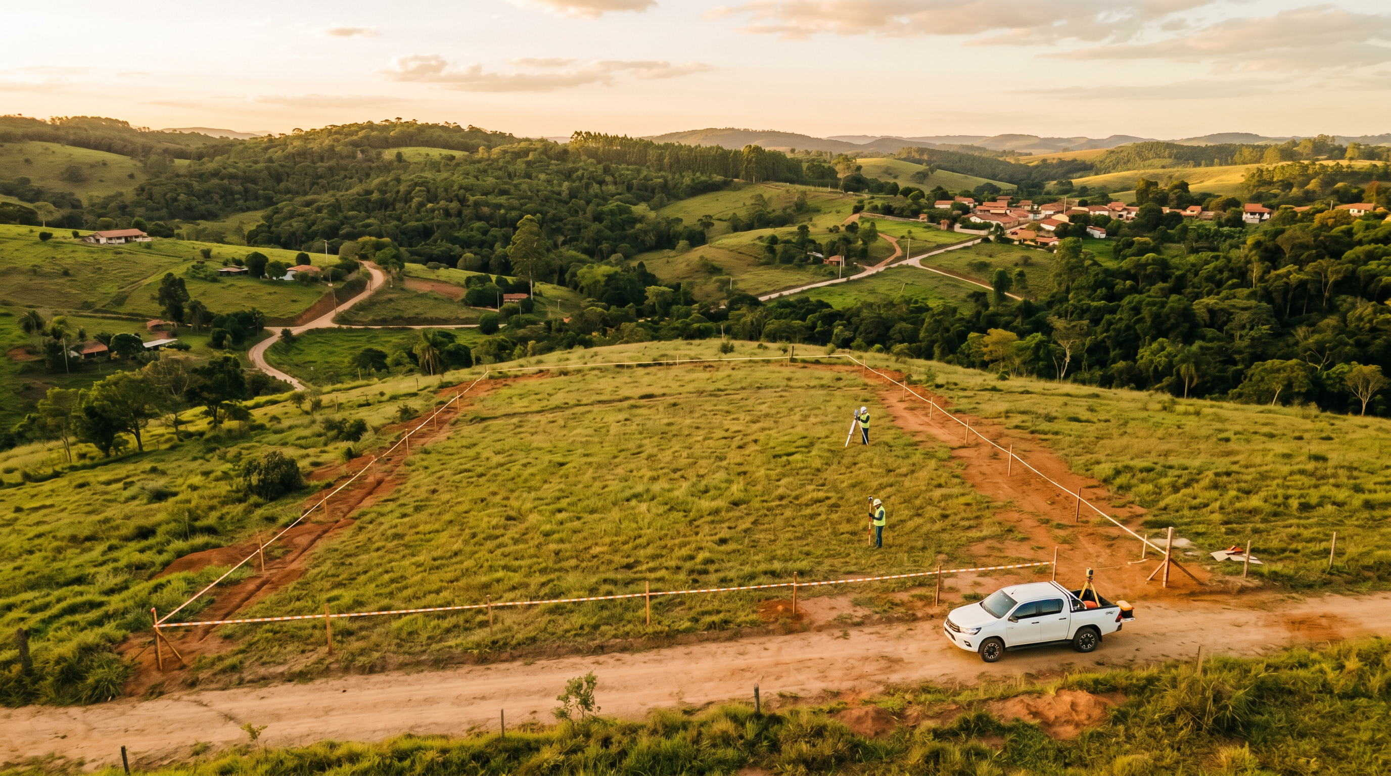 Vista aérea de terreno demarcado para construção residencial no interior do Brasil